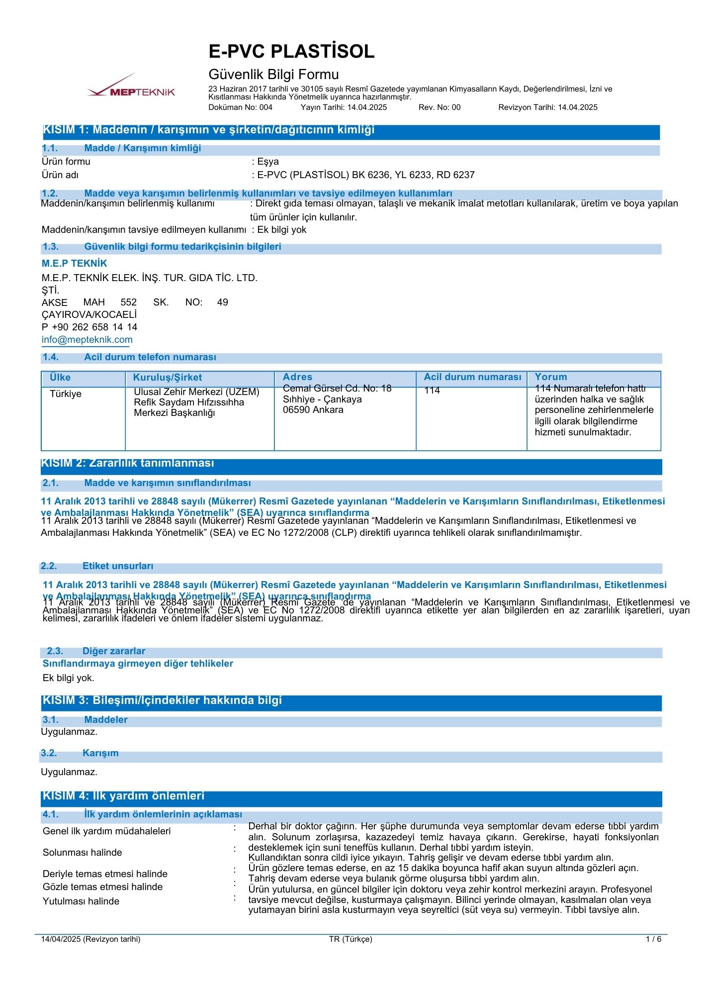 E-PVC PLASTISOL - SDS -